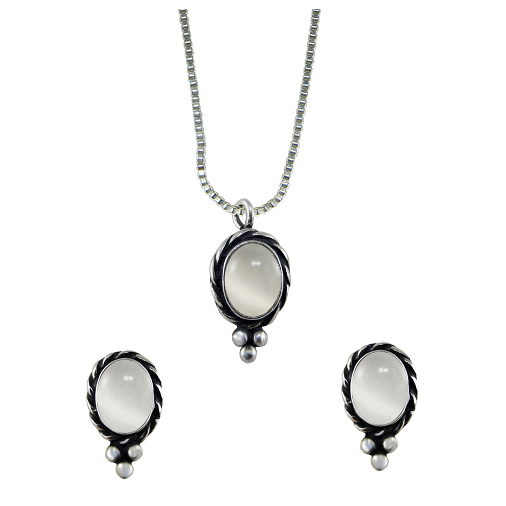 Sterling Silver Petite Necklace Earrings Set White Moonstone